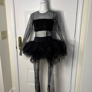 Black Sheer Three Piece Costume with Tulle Skirt. Adult Large